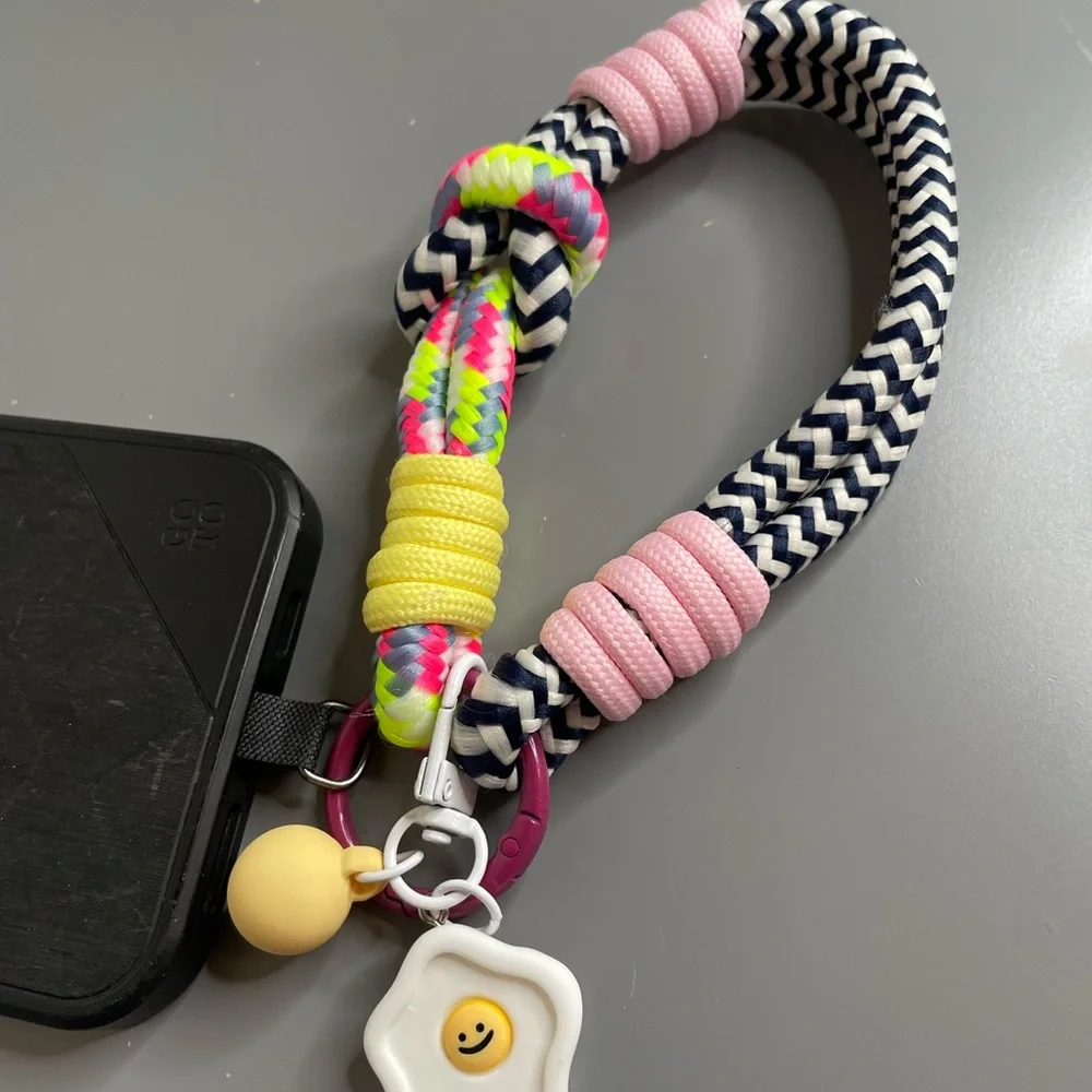 Multicolor Braided Phone Wrist Lanyard with Pink and Yellow Accents